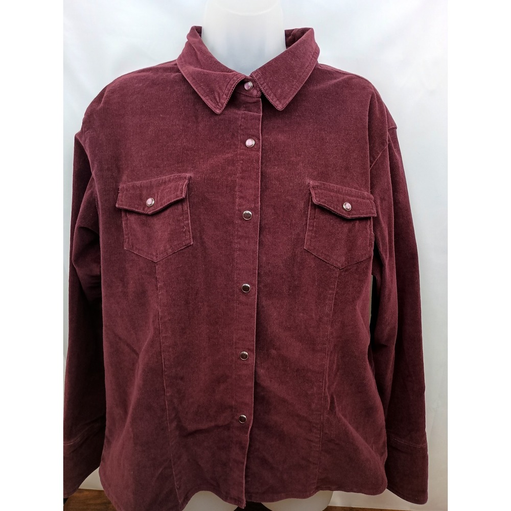 vintage XL burgundy red pearl‎ snap button long sleeve corduroy work